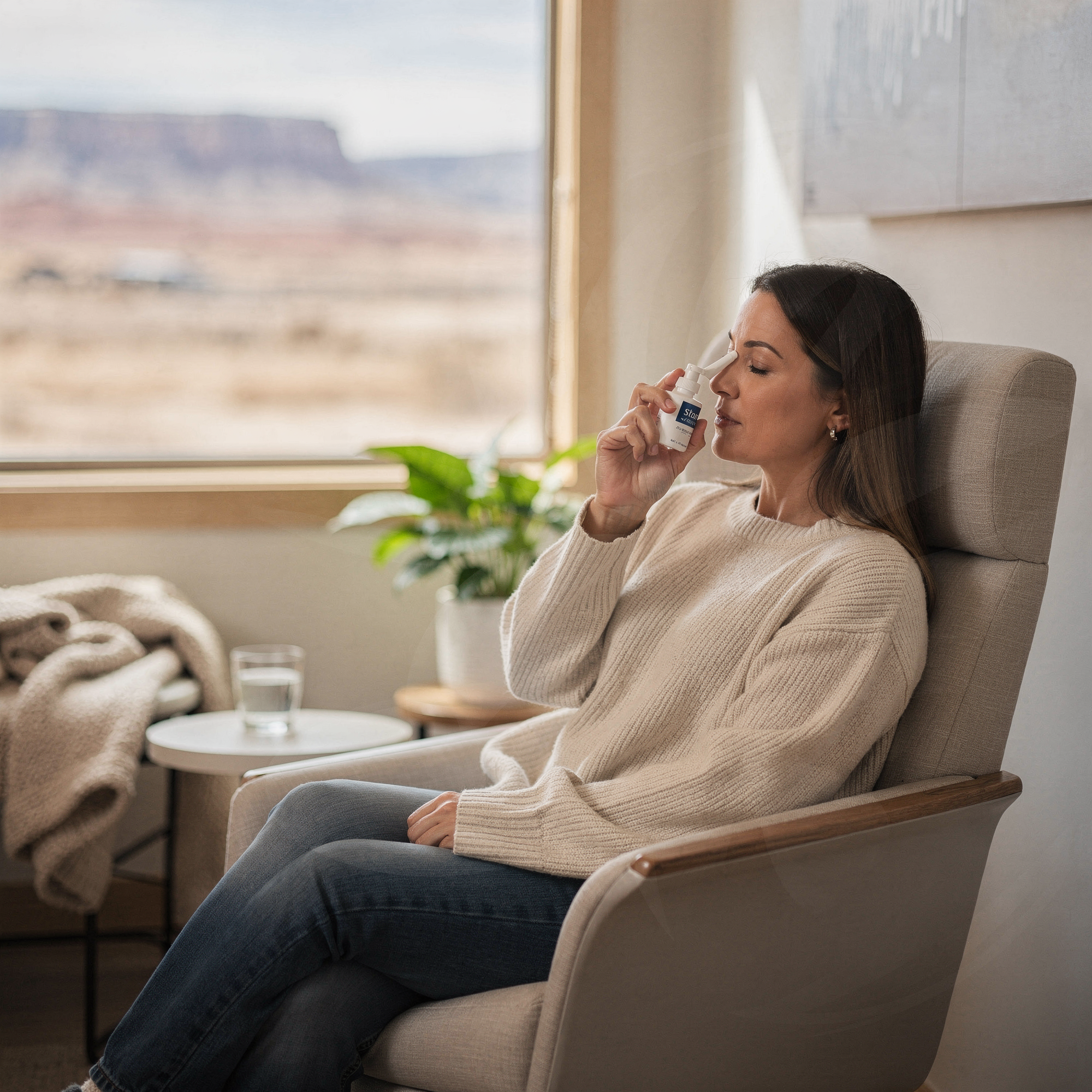 Patient using a nasal spray inhaler during Spravato treatment at Myndful Wellness, seated in a comfortable clinical room with desert views